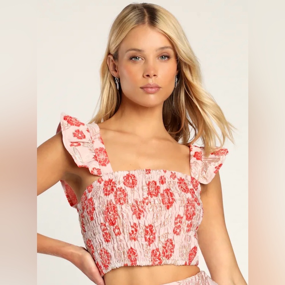Lulus Womens Floral Smocked Crop Top Small Dusty Pink Gold Metallic Ruffle NEW